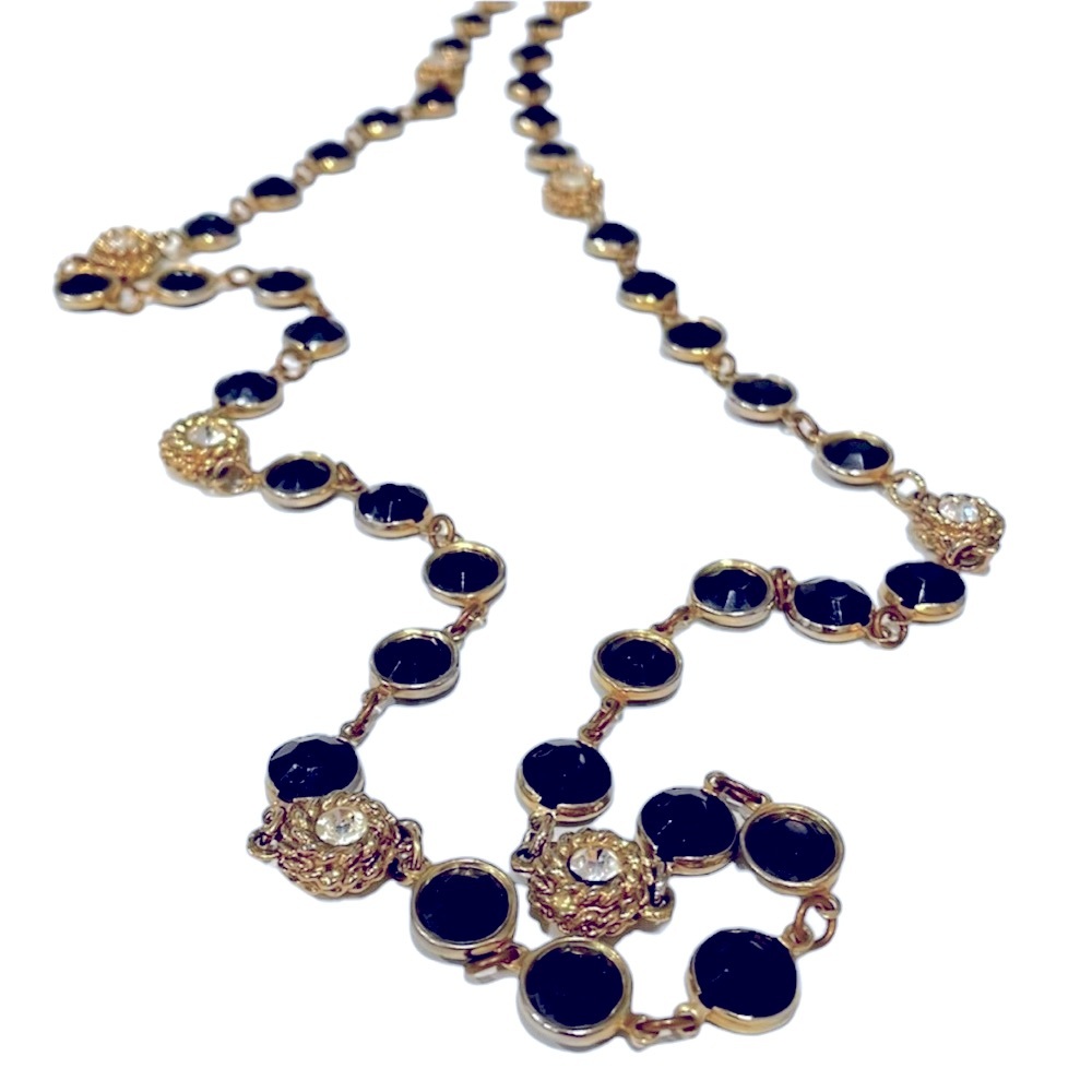 Vintage costume necklace. Gold, black and rhinestone. EUC